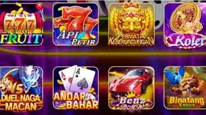 Grid of HD77 Game icons showing titles like Classic Fruit, API Petir, Gates of Olympus, Roleta, Duel Naga Macan, Andar Bahar, Benz Racing, and Binatang on a purple background.