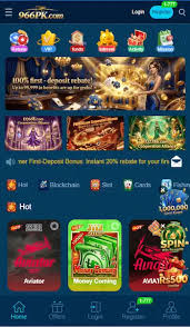966PK Game app homepage showing first deposit bonus, hot games like Aviator and Money Coming, and navigation menu on mobile screen.