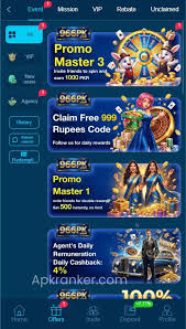 966PK Game promotions page showing Promo Master 3, Free Rupees Code, Promo Master 1, and Agent Daily Cashback 4% offers on mobile screen.