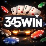 345WIN Game logo with playing cards and colorful casino chips on dark background for Android gaming platform in Pakistan