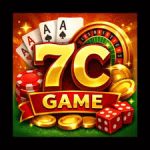 7C Game logo with casino elements including playing cards, roulette wheel, golden coins, and red dice on a green background