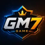 GM7 Game esports logo with golden crown, silver and gold lettering on dark background with blue and orange neon glow effects.