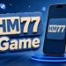 HM77 Game mobile app display with coins and blue background showing earning game concept