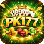 PK177 Game logo with playing cards, gold coins, and dice on a green casino background