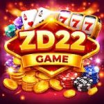 : ZD22 Game logo with playing cards, slot machine 777, and casino chips on a pink background