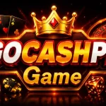 GOCASHPK Game 3D casino logo featuring a golden crown, poker cards, roulette wheel, casino chips, dice, and glowing gold effects on a dark red and black background.