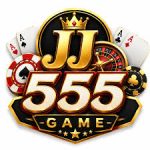JJ555 Game official logo with golden crown, playing cards, poker chips, and roulette wheel on black background